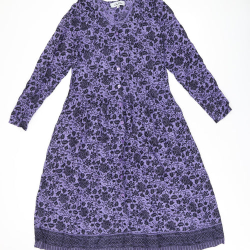 Lily Ella Womens Purple Floral Viscose A-Line Size 12 V-Neck Button