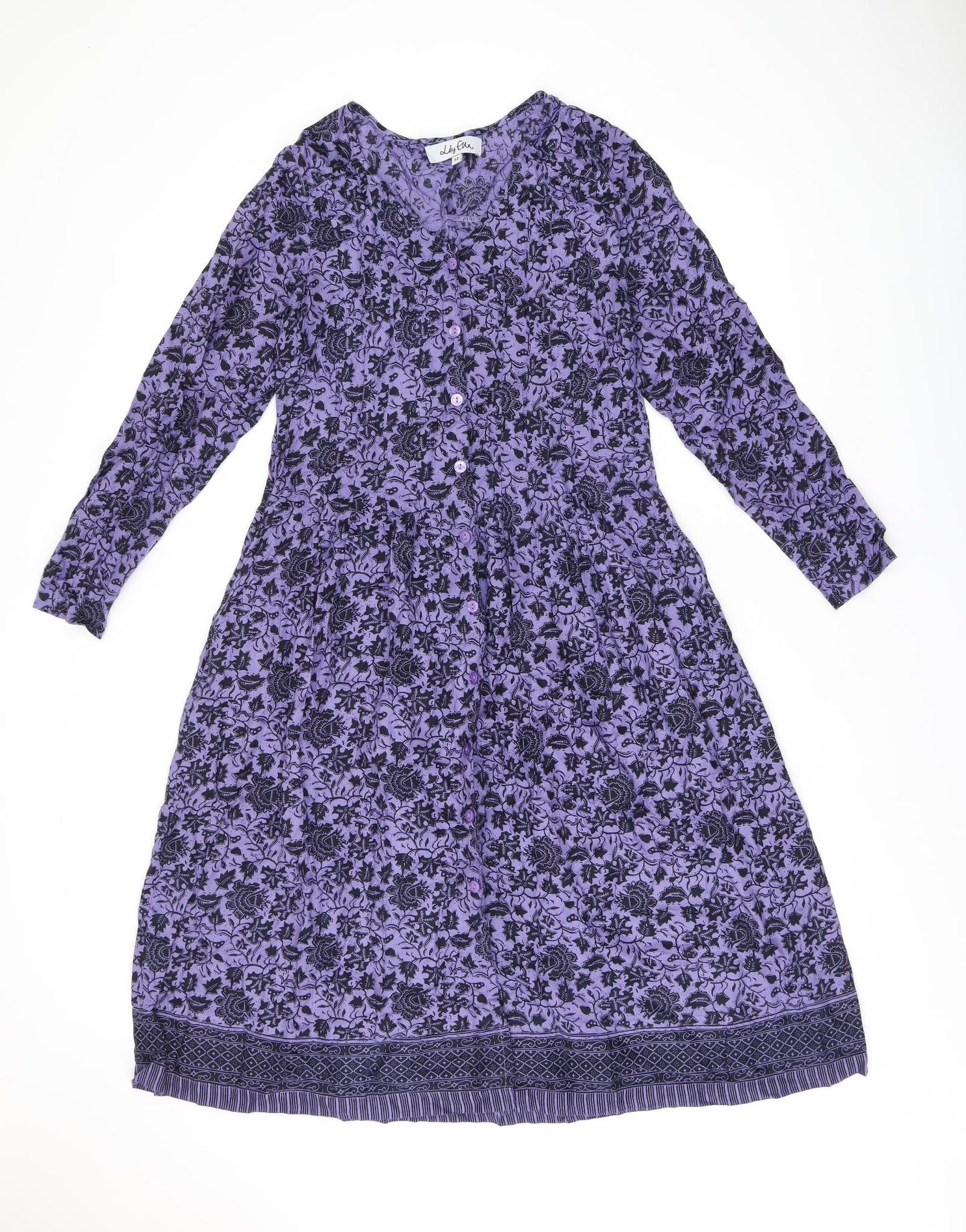 Lily Ella Womens Purple Floral Viscose A-Line Size 12 V-Neck Button