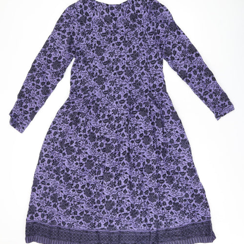 Lily Ella Womens Purple Floral Viscose A-Line Size 12 V-Neck Button