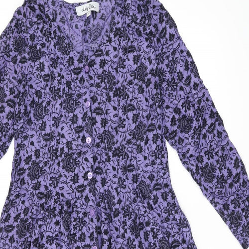 Lily Ella Womens Purple Floral Viscose A-Line Size 12 V-Neck Button
