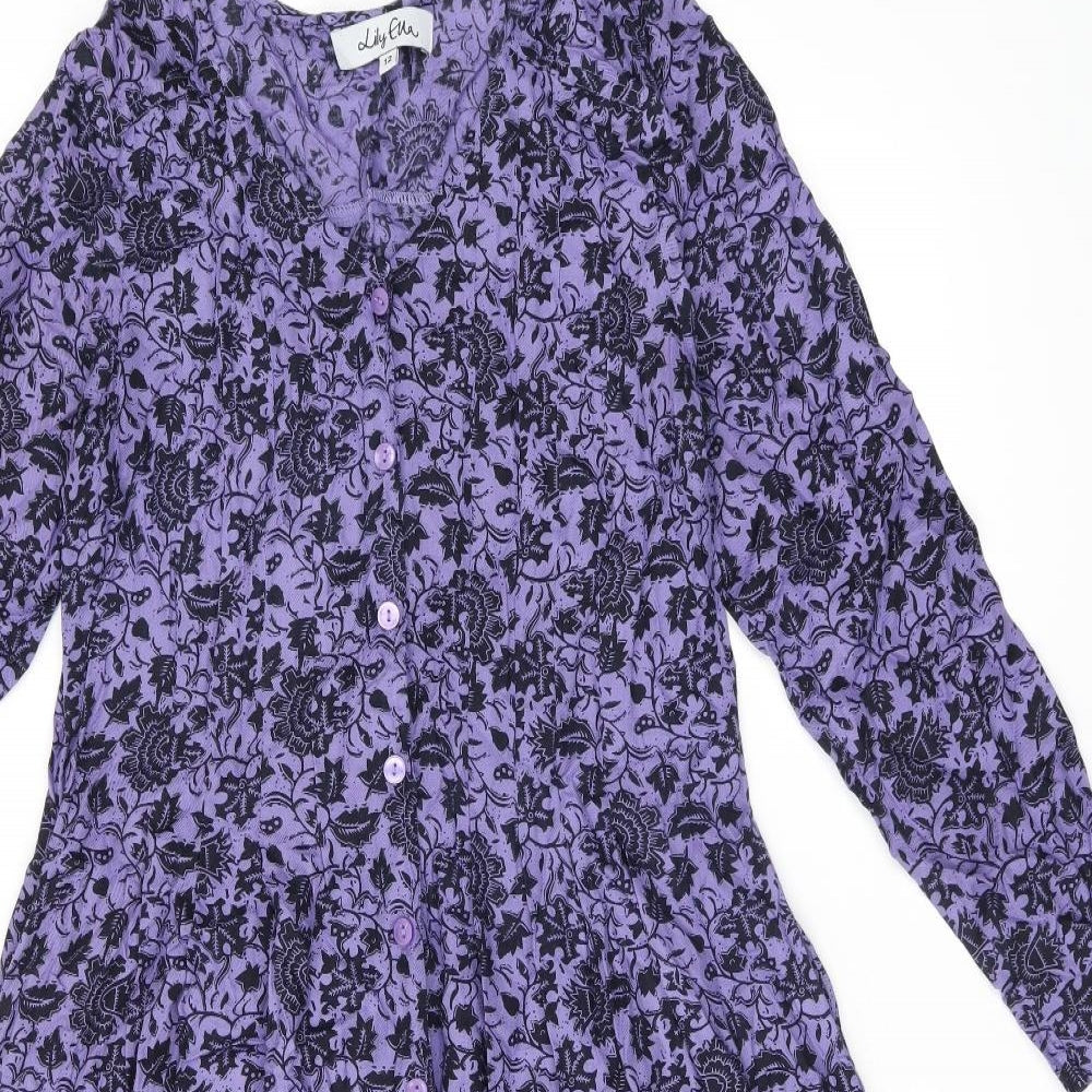 Lily Ella Womens Purple Floral Viscose A-Line Size 12 V-Neck Button