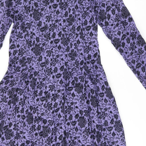 Lily Ella Womens Purple Floral Viscose A-Line Size 12 V-Neck Button