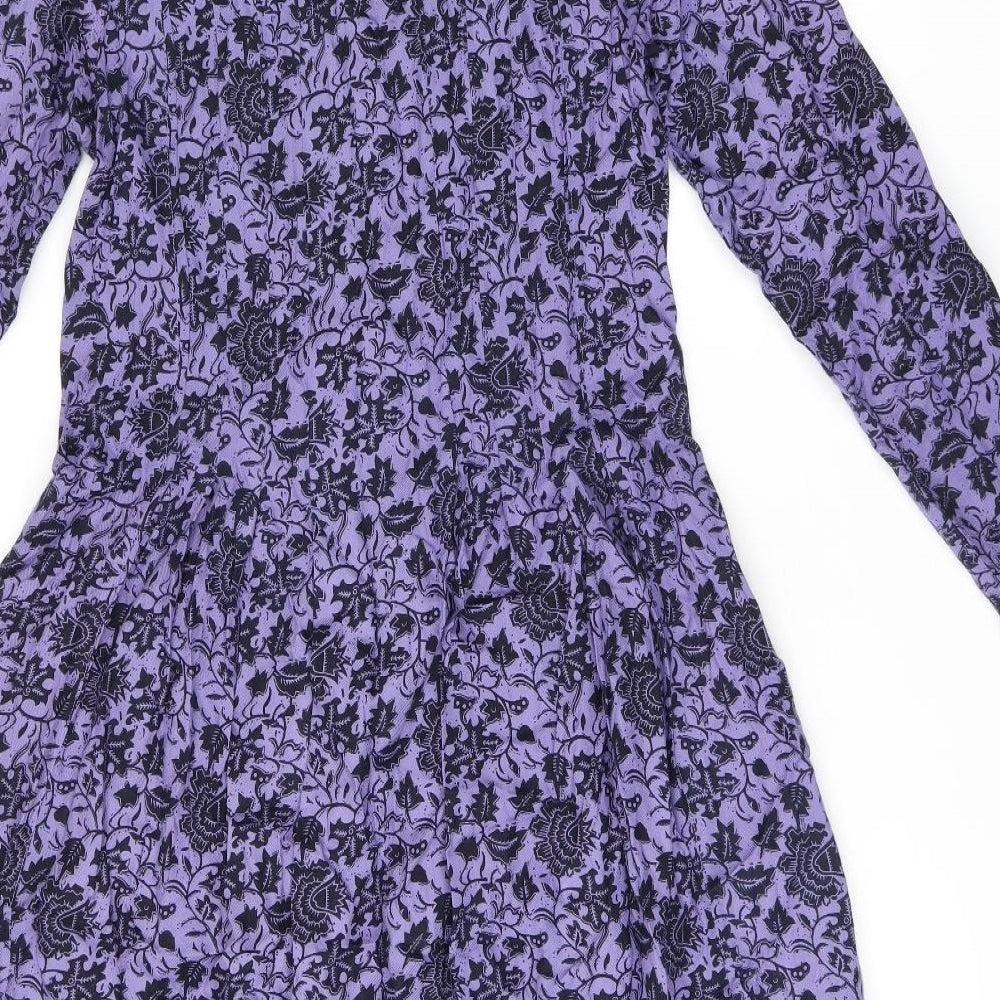 Lily Ella Womens Purple Floral Viscose A-Line Size 12 V-Neck Button