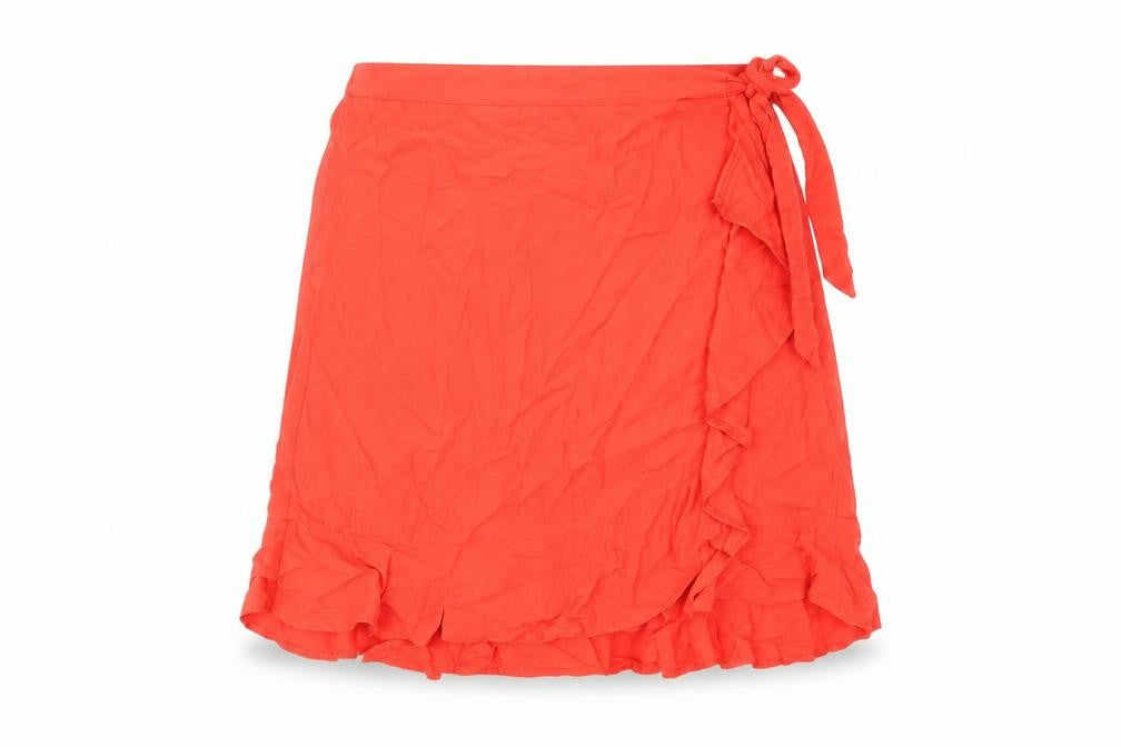 Front view of New Look women’s red viscose mini skirt, size UK 8, tie