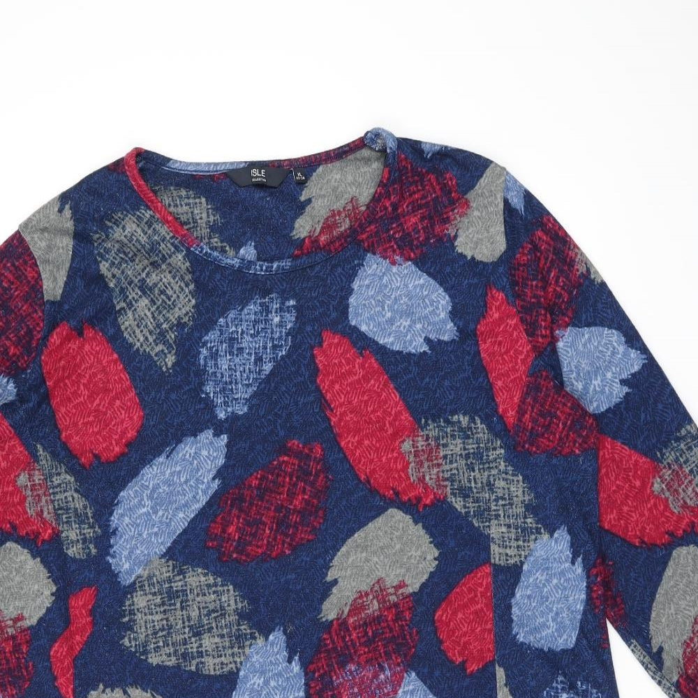 EWM Womens Blue Geometric Polyester Basic T-Shirt Size XL Round Neck