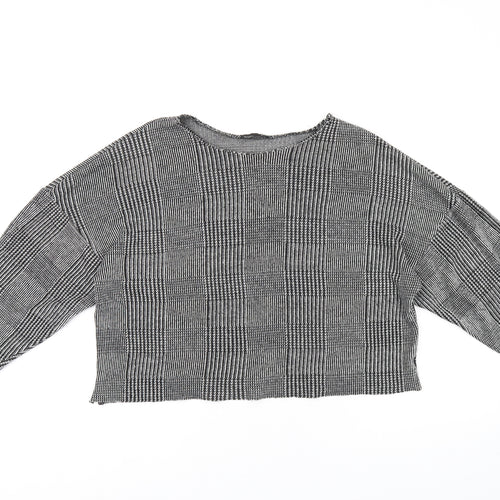Zara Womens Grey Geometric Polyester Cropped T-Shirt Size L Round Neck