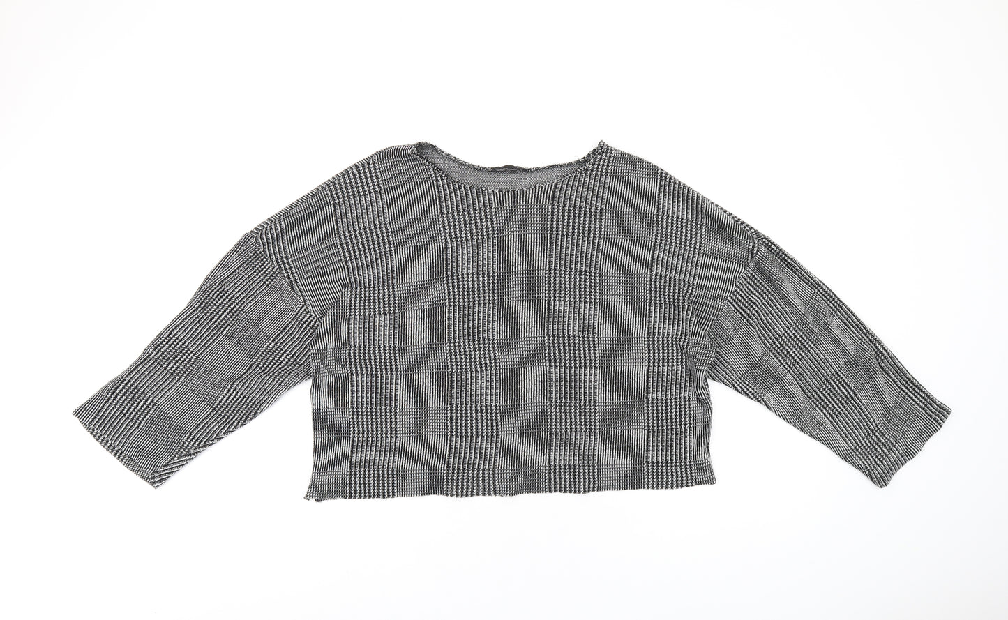 Zara Womens Grey Geometric Polyester Cropped T-Shirt Size L Round Neck