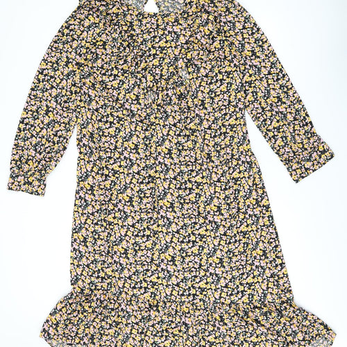 Dorothy Perkins Womens Black Floral Polyester Shift Size 14 Round Neck Button - Frill Detail