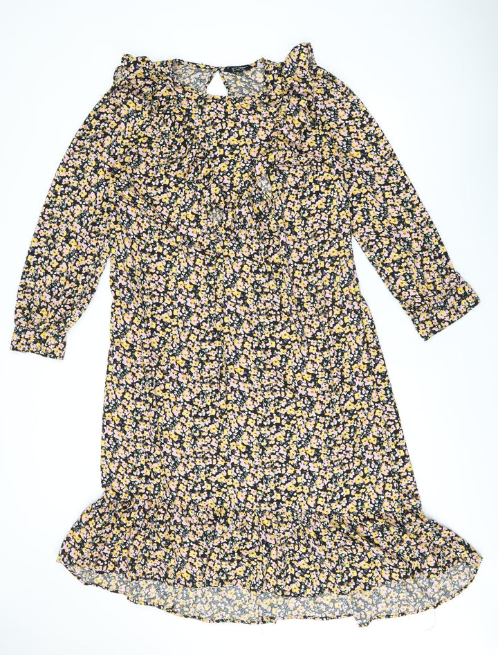 Dorothy Perkins Womens Black Floral Polyester Shift Size 14 Round Neck Button - Frill Detail