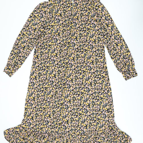 Dorothy Perkins Womens Black Floral Polyester Shift Size 14 Round Neck Button - Frill Detail