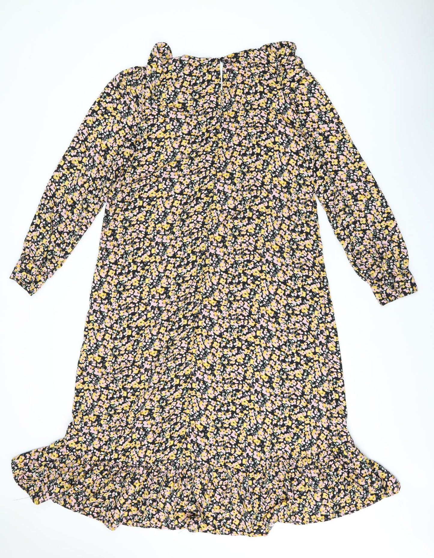 Dorothy Perkins Womens Black Floral Polyester Shift Size 14 Round Neck Button - Frill Detail