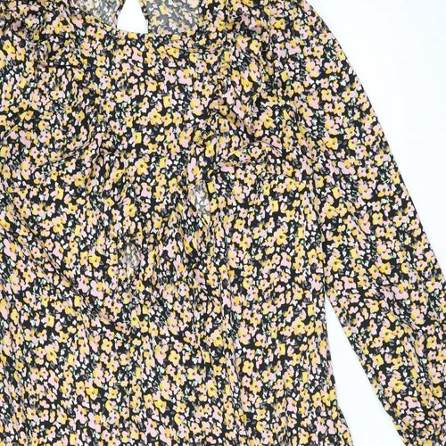 Dorothy Perkins Womens Black Floral Polyester Shift Size 14 Round Neck Button - Frill Detail