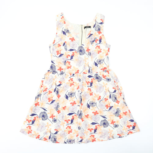 Oasis Womens White Floral Cotton Skater Dress Size 10 V-Neck Zip