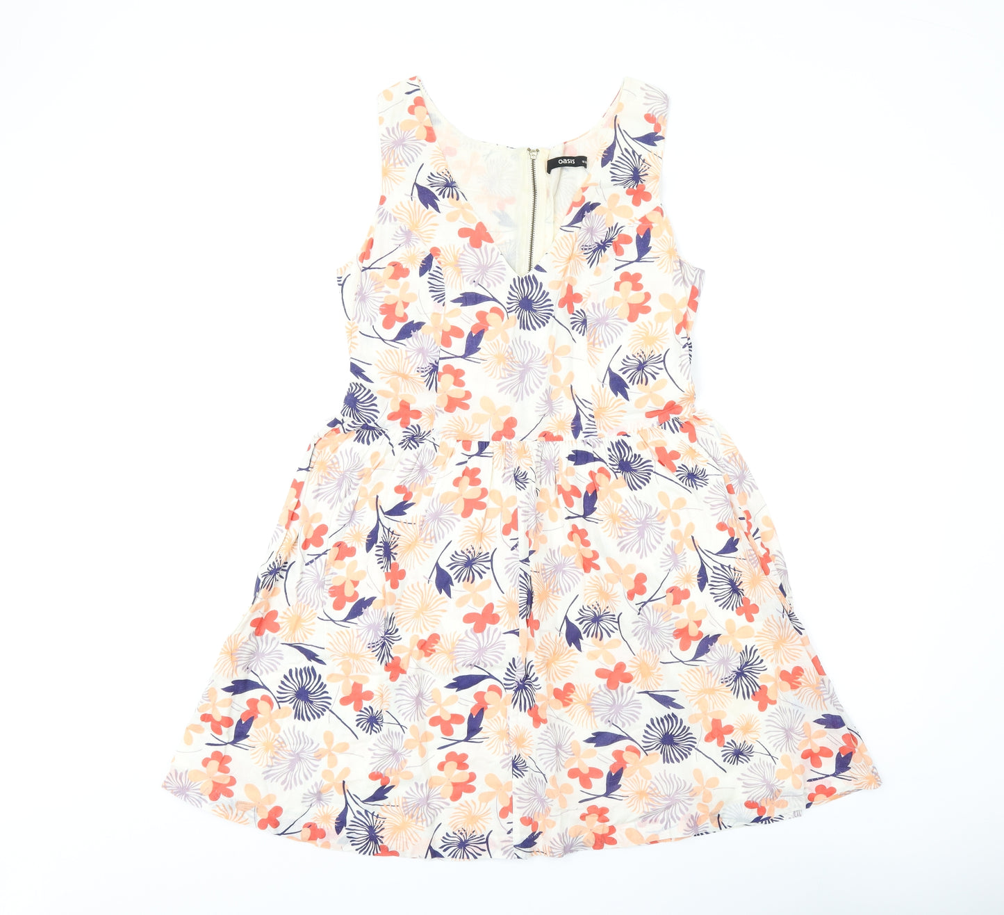 Oasis Womens White Floral Cotton Skater Dress Size 10 V-Neck Zip