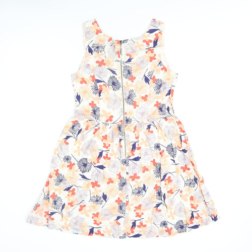 Oasis Womens White Floral Cotton Skater Dress Size 10 V-Neck Zip