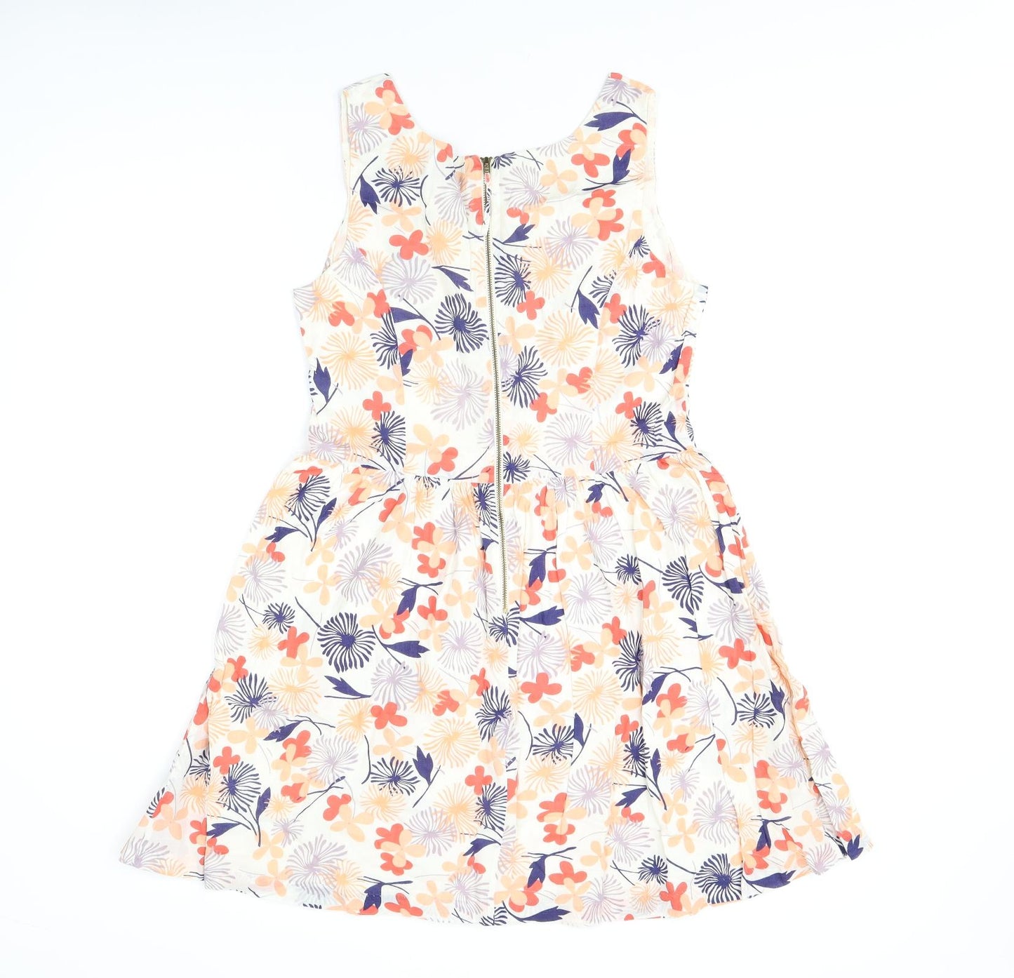 Oasis Womens White Floral Cotton Skater Dress Size 10 V-Neck Zip