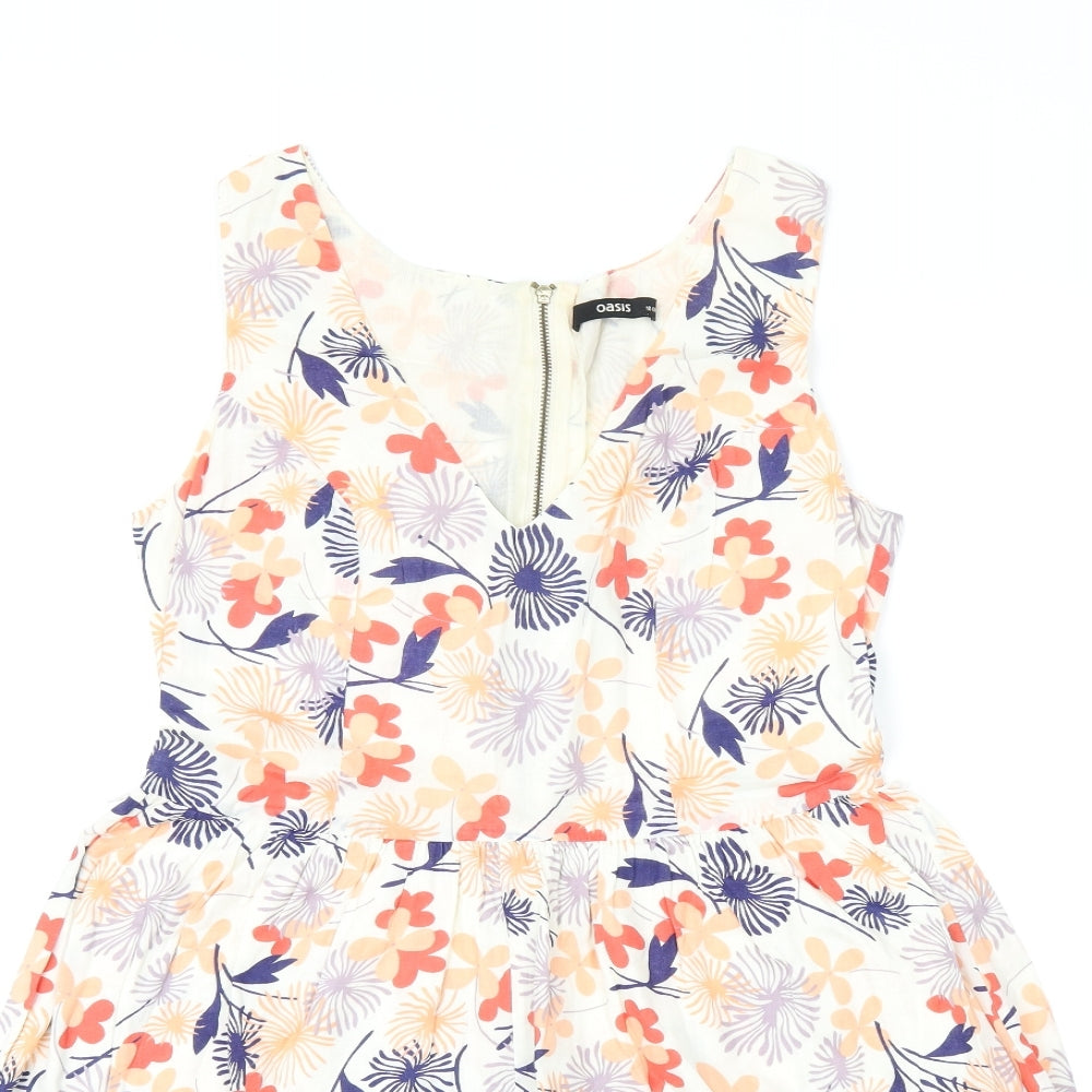 Oasis Womens White Floral Cotton Skater Dress Size 10 V-Neck Zip