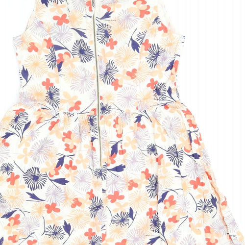 Oasis Womens White Floral Cotton Skater Dress Size 10 V-Neck Zip