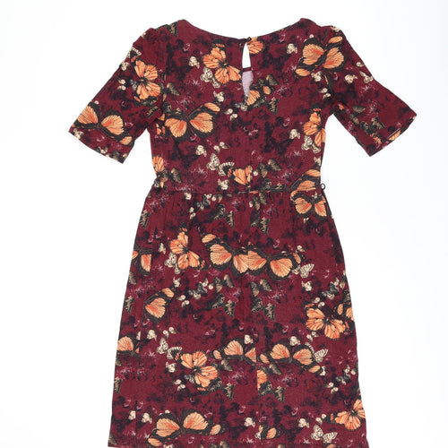 NEXT Womens Red Geometric Viscose A-Line Size 10 Boat Neck Button
