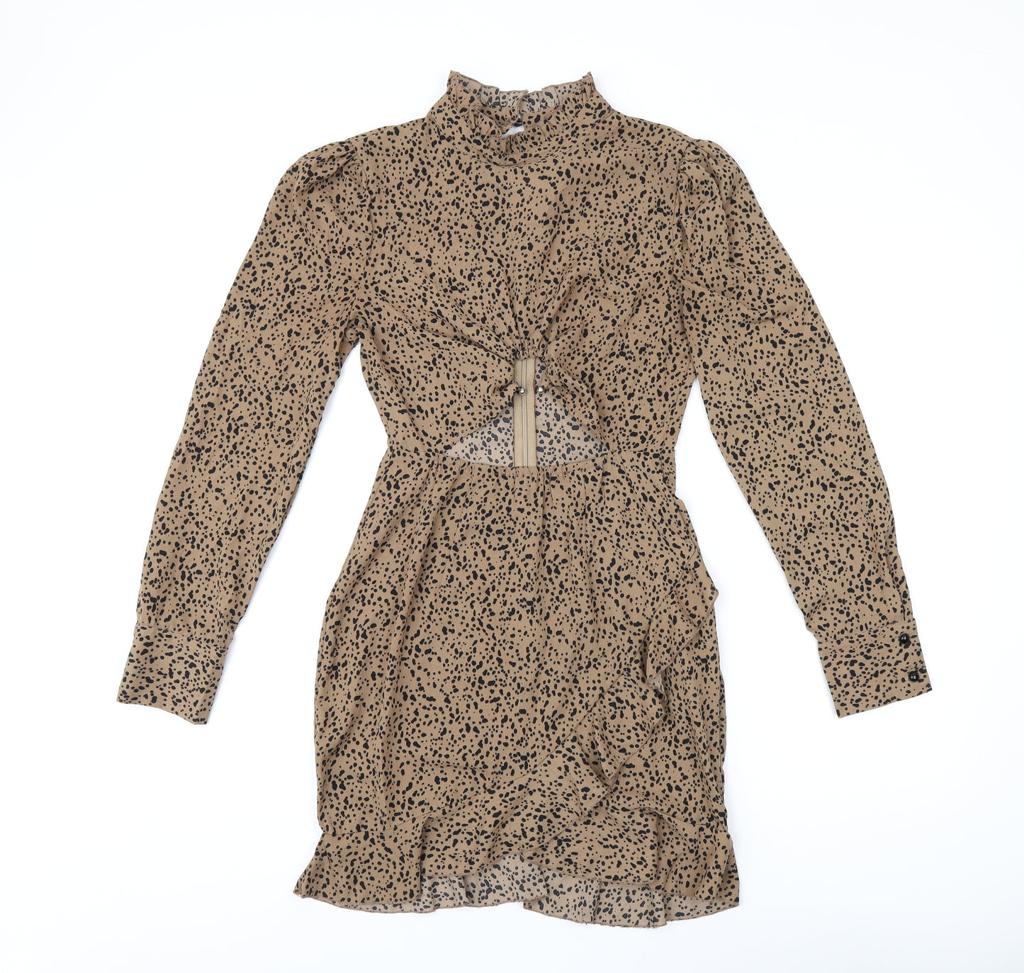 Missguided Womens Brown Geometric Polyester Bodycon Size 6 Round Neck Zip