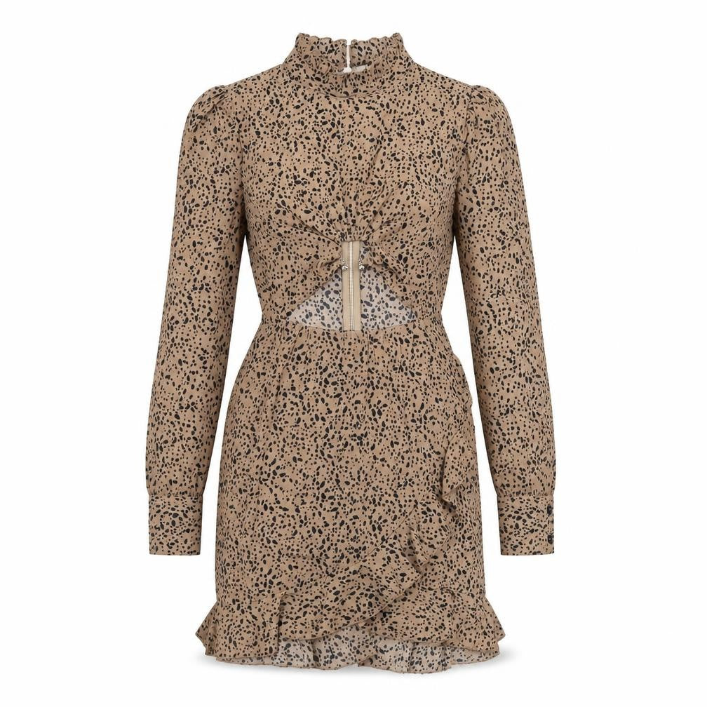 Front view of Missguided women’s brown geometric polyester bodycon, size UK 6, round neck zip