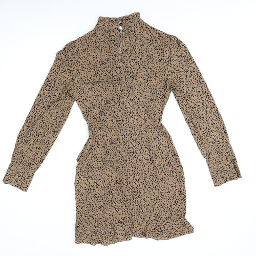 Missguided Womens Brown Geometric Polyester Bodycon Size 6 Round Neck Zip
