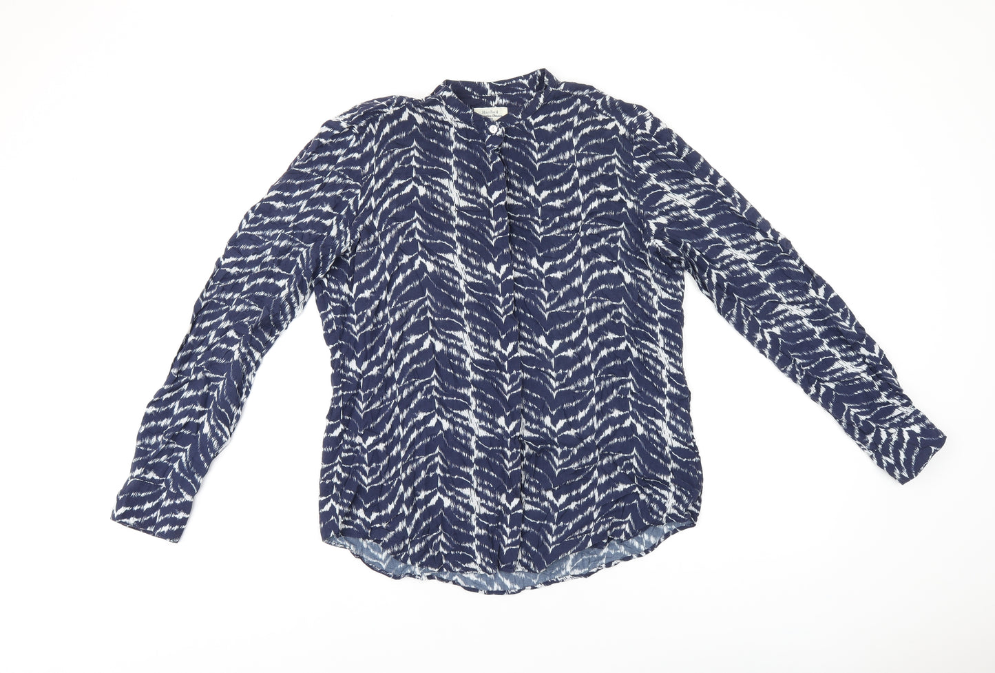 Hartford Womens Blue Geometric Viscose Basic Button-Up Size 8 Round Neck