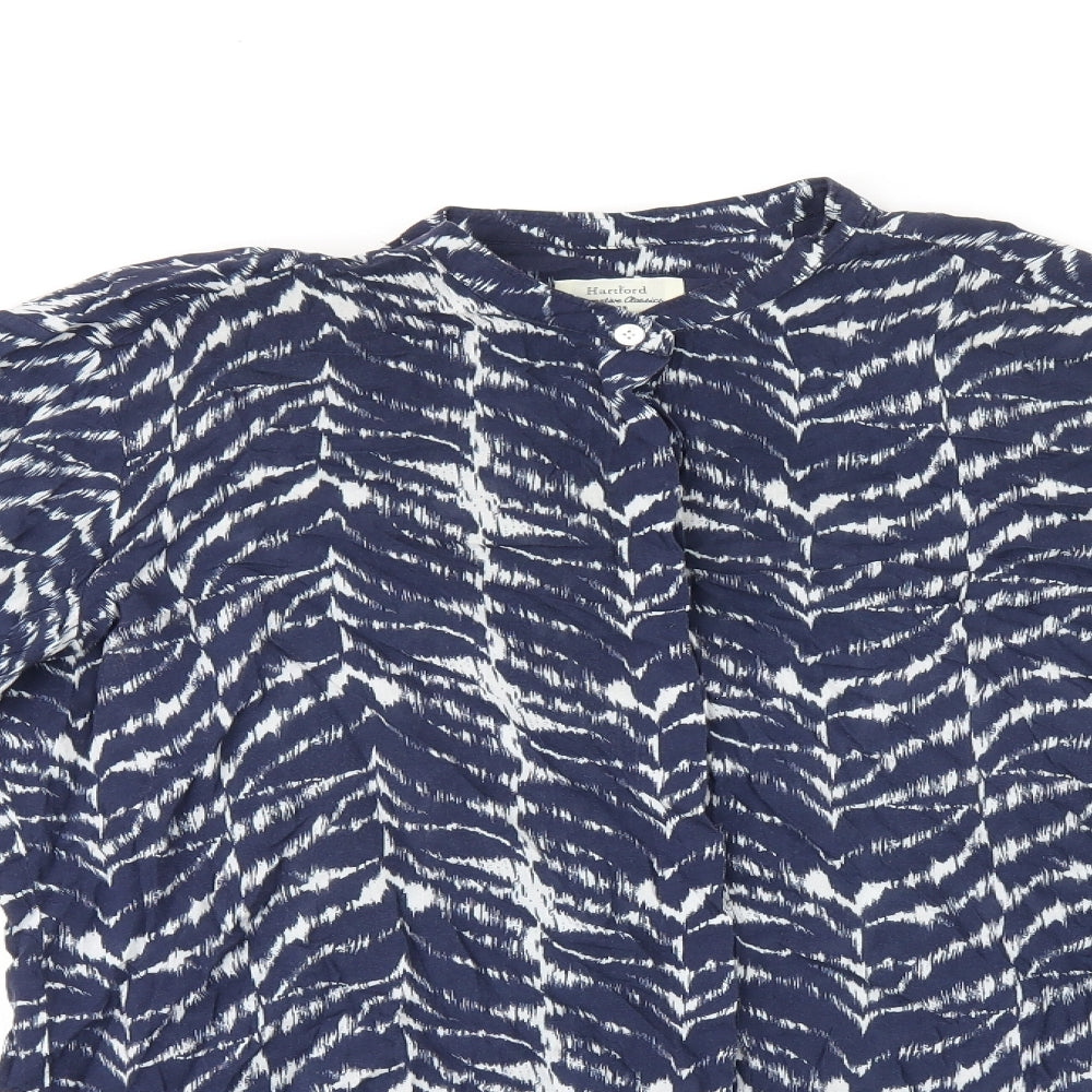 Hartford Womens Blue Geometric Viscose Basic Button-Up Size 8 Round Neck