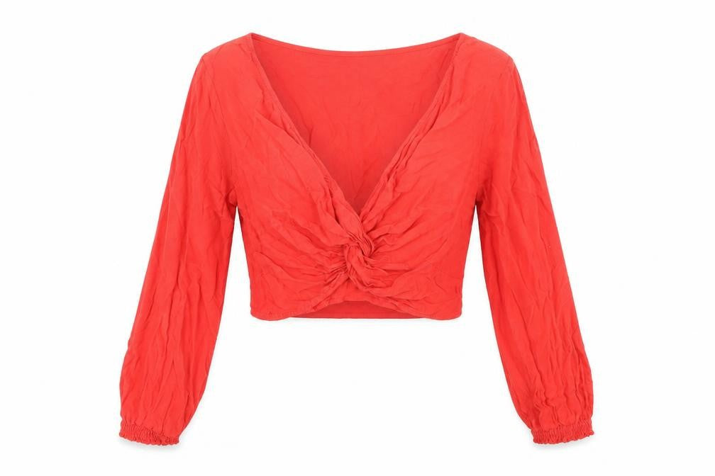 Front view of Urban Outfitters women’s red linen basic t-shirt, size M, v-neck