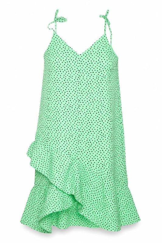 Front view of Elli White women’s green polka dot polyester shift, size L, v-neck zip