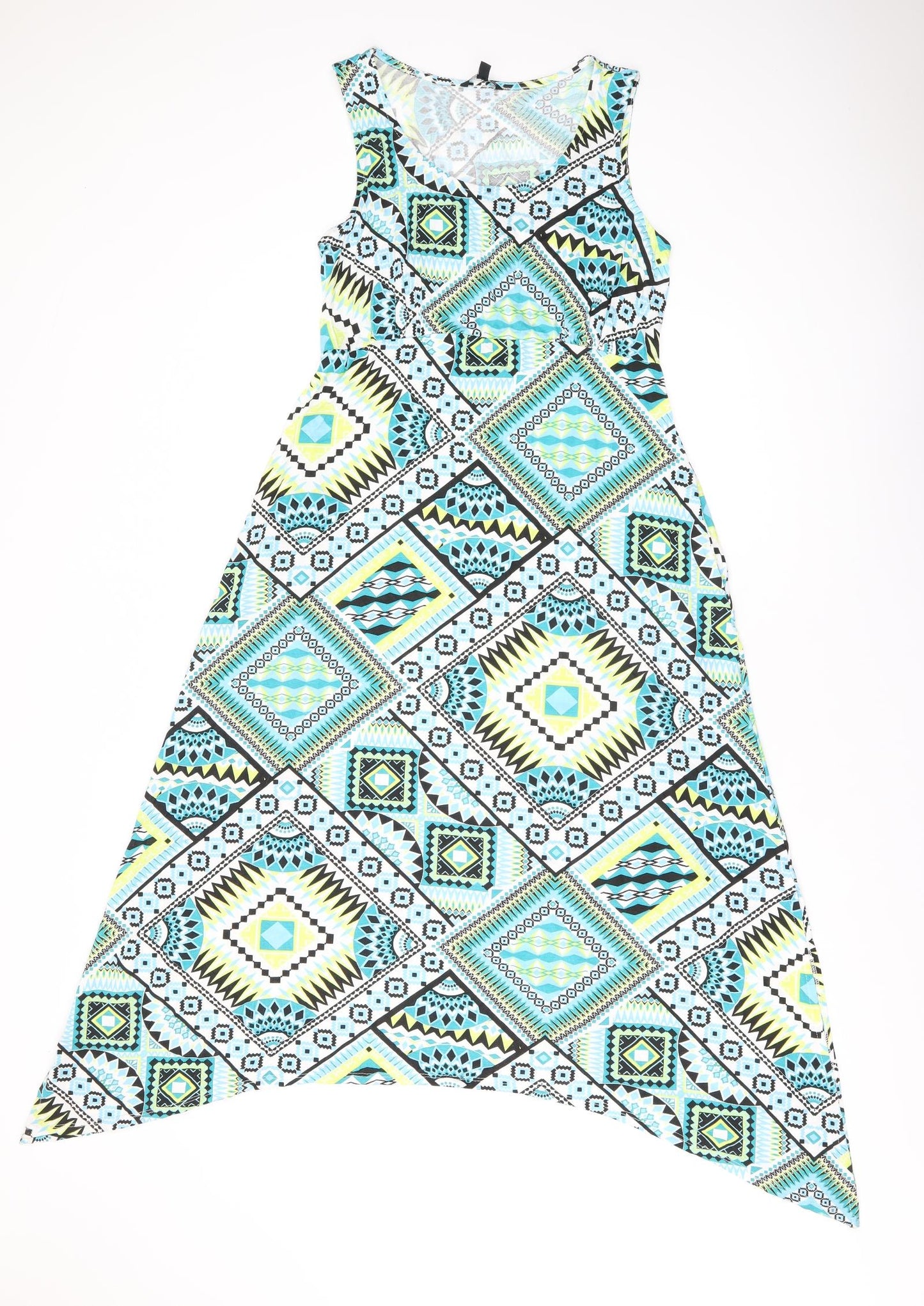 Roman Womens Blue Geometric Viscose A-Line Size 12 Scoop Neck Pullover