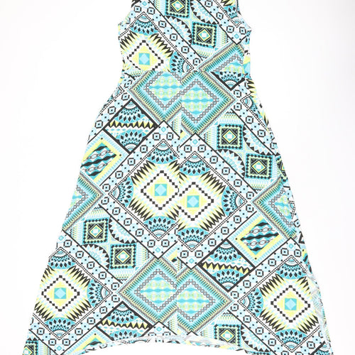 Roman Womens Blue Geometric Viscose A-Line Size 12 Scoop Neck Pullover