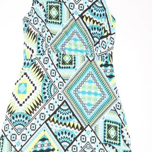 Roman Womens Blue Geometric Viscose A-Line Size 12 Scoop Neck Pullover