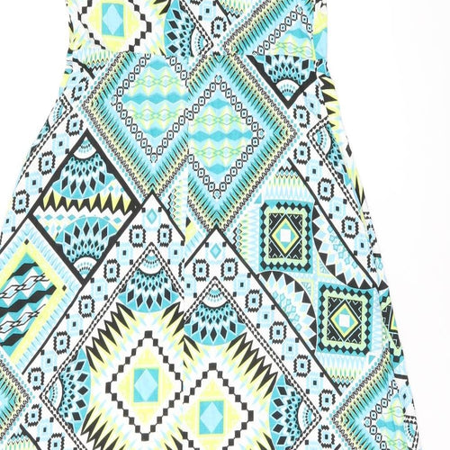 Roman Womens Blue Geometric Viscose A-Line Size 12 Scoop Neck Pullover