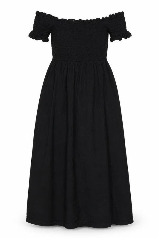 Front view of ASOS women’s black viscose a-line, size UK 8, off the shoulder pullover
