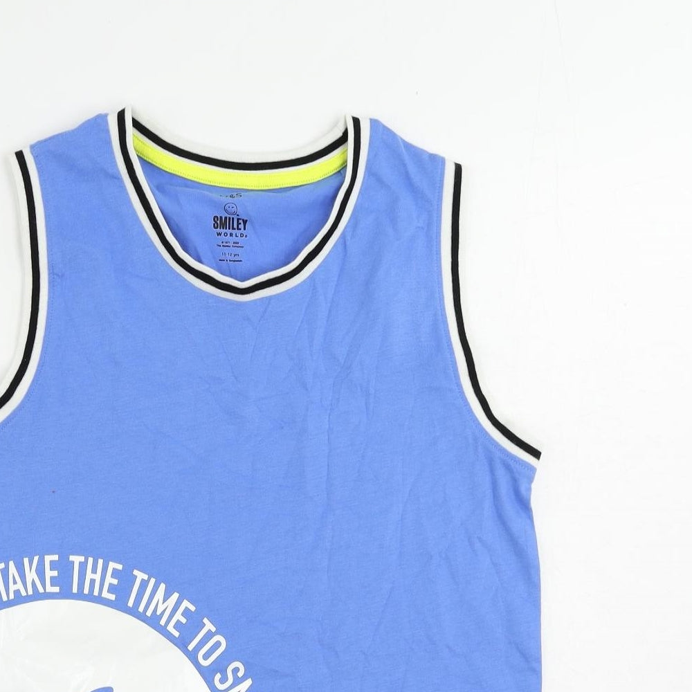 Marks and Spencer Boys Blue Solid Cotton Pyjama Top Size 11-12 Years Pullover - Smiley World