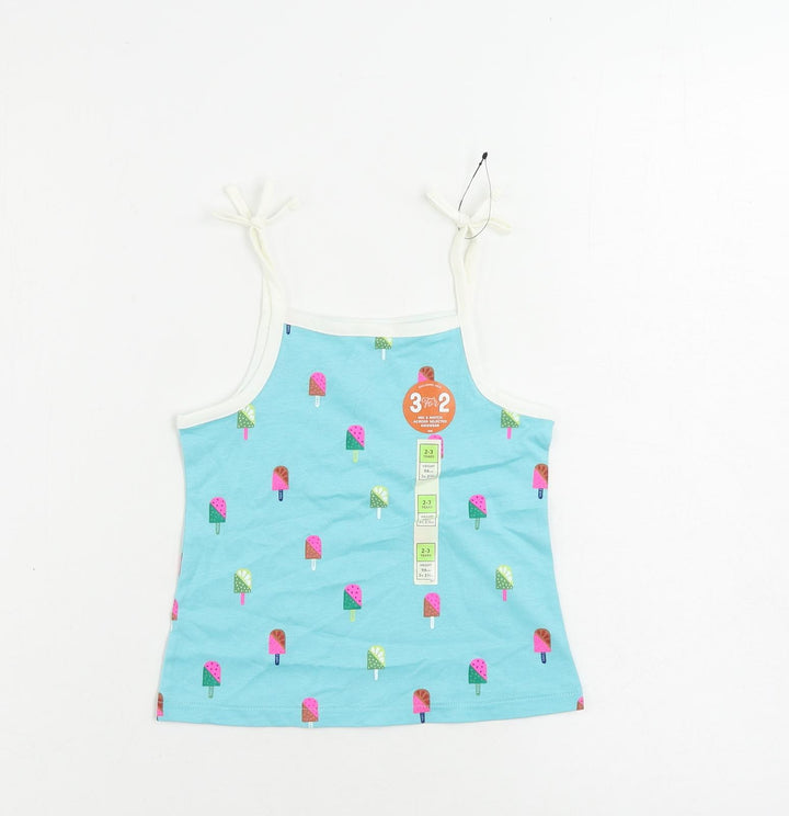 Marks and Spencer Girls Blue Geometric Cotton Camisole Tank Size 2-3 Years Square Neck Pullover - Ice Cream Print
