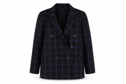 Front view of Richards women’s black plaid jacket blazer, size UK 14, button