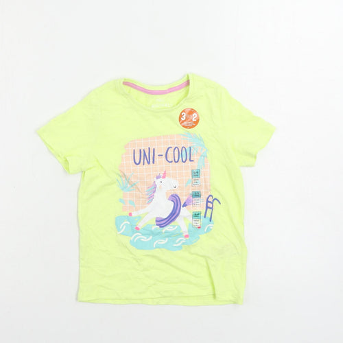 Marks and Spencer Girls Yellow Cotton Pullover T-Shirt Size 5-6 Years Crew Neck Pullover - Unicorn