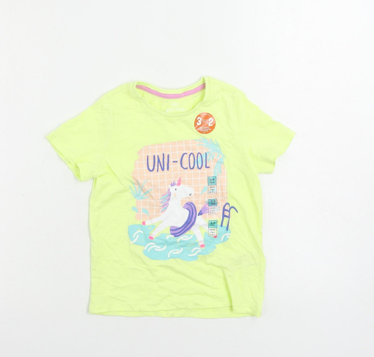 Marks and Spencer Girls Yellow Cotton Pullover T-Shirt Size 5-6 Years Crew Neck Pullover - Unicorn