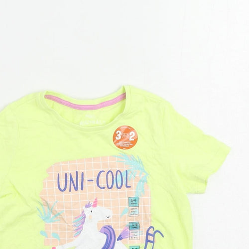 Marks and Spencer Girls Yellow Cotton Pullover T-Shirt Size 5-6 Years Crew Neck Pullover - Unicorn