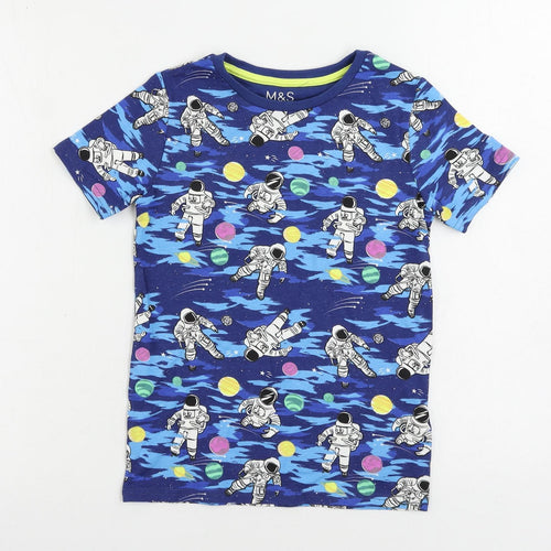 Marks and Spencer Boys Blue Geometric Cotton Pullover T-Shirt Size 9-10 Years Crew Neck - Astronaut