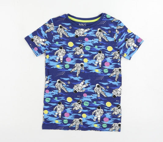 Marks and Spencer Boys Blue Geometric Cotton Pullover T-Shirt Size 9-10 Years Crew Neck - Astronaut