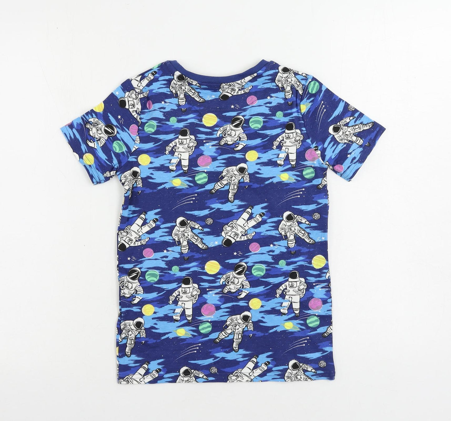 Marks and Spencer Boys Blue Geometric Cotton Pullover T-Shirt Size 9-10 Years Crew Neck - Astronaut
