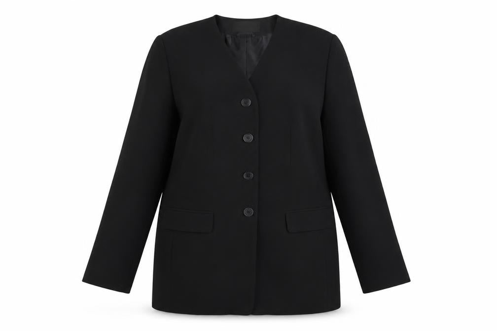 Front view of Essentials women’s black jacket blazer, size UK 16, button