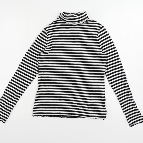 Marks and Spencer Girls Black Striped Cotton Pullover T-Shirt Size 13-14 Years Roll Neck Pullover