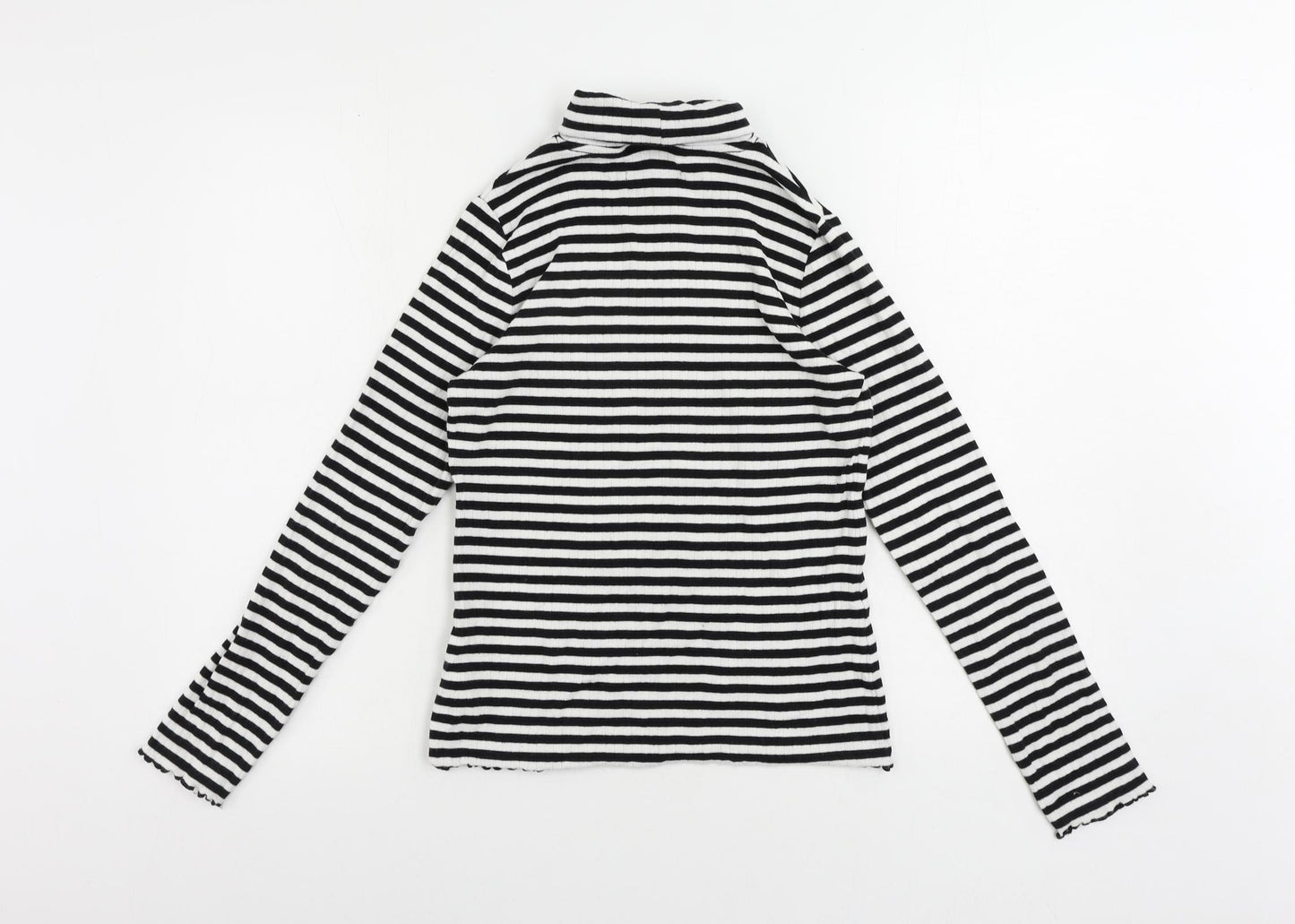 Marks and Spencer Girls Black Striped Cotton Pullover T-Shirt Size 13-14 Years Roll Neck Pullover