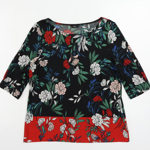 M&Co Womens Black Floral Polyester Basic Blouse Size 12 Boat Neck