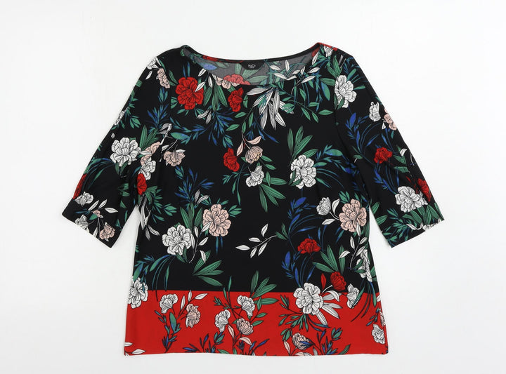 M&Co Womens Black Floral Polyester Basic Blouse Size 12 Boat Neck
