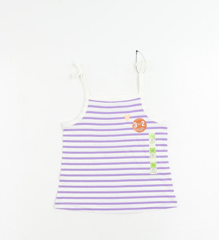 Marks and Spencer Girls Purple Striped Cotton Camisole Tank Size 3-4 Years Square Neck Pullover